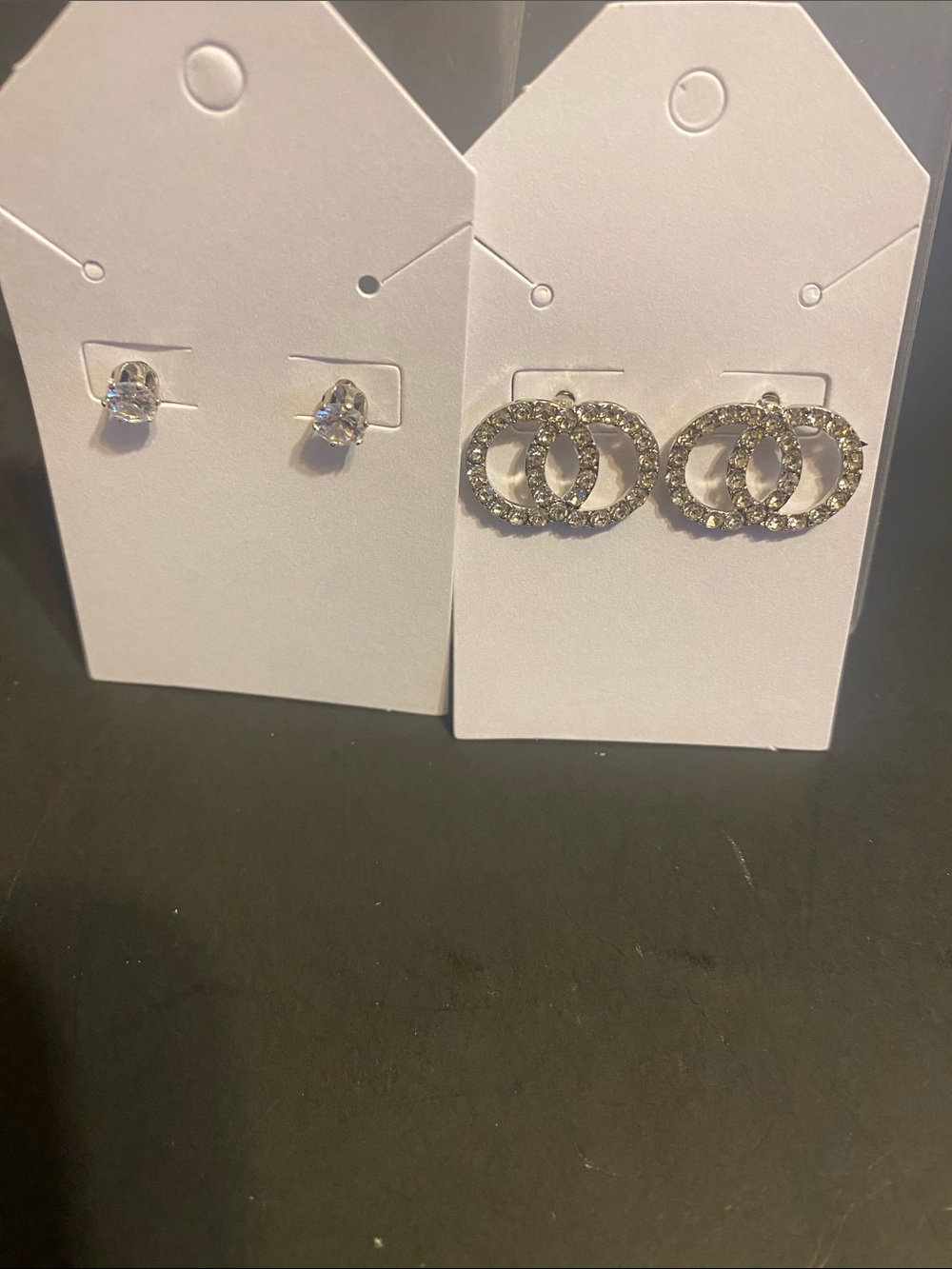 Rhinestone Double Hoop Silver Stud Earrings - Set of 2